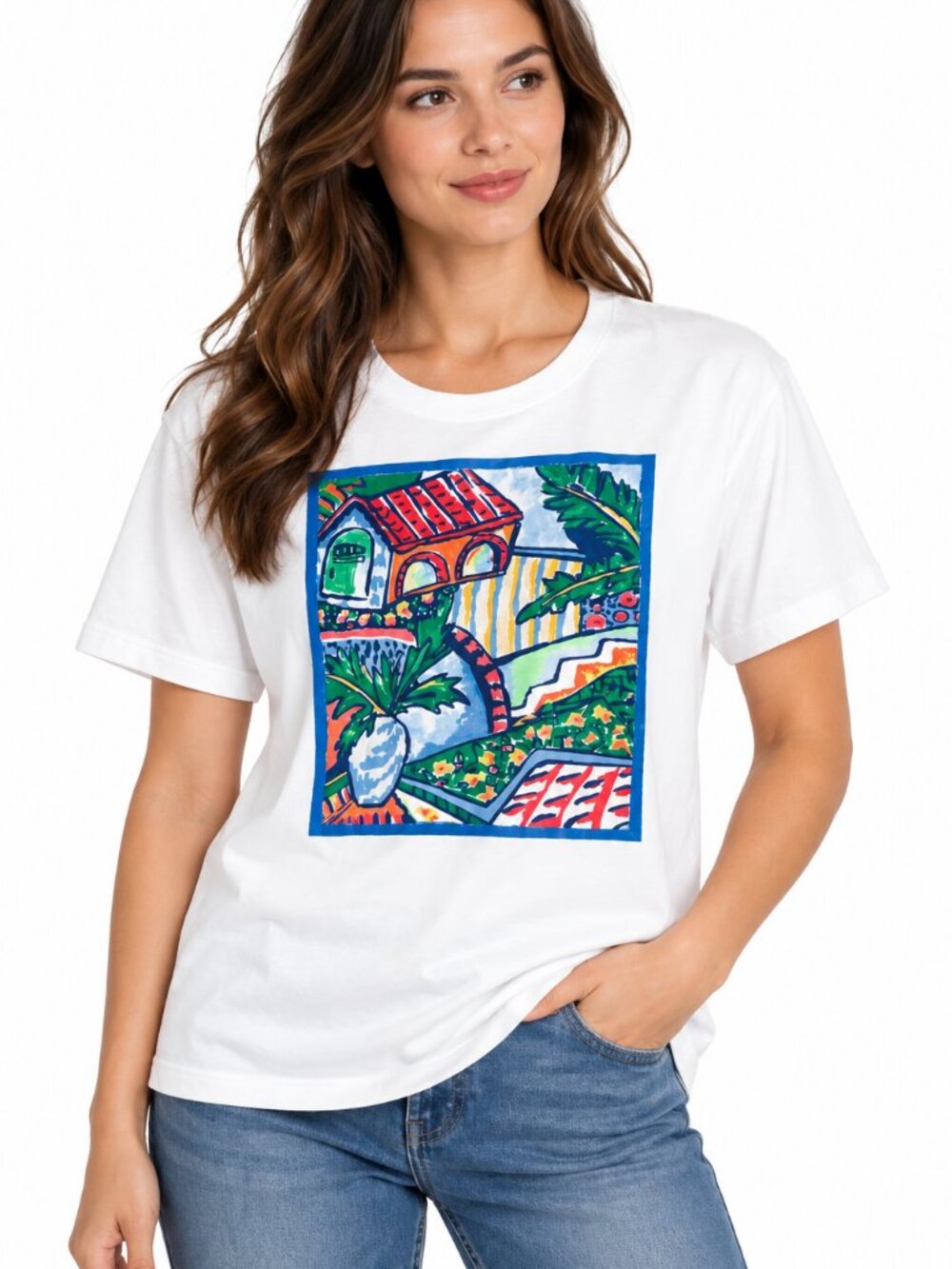 Vintage Lizwear Colorful Scenic Villa Graphic T-Shirt White Size L